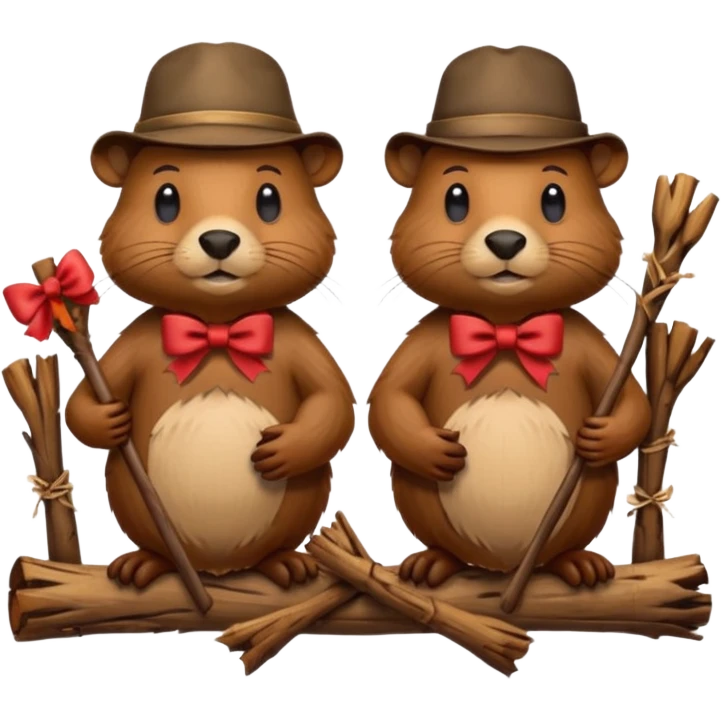 add a bow on the head of one beaver with another beaver without a bow on its head in a lodge of sticks and logs emoji