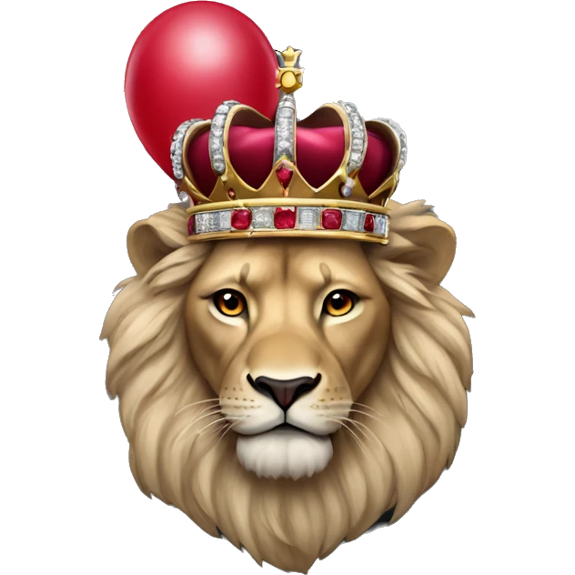 King crown with diamonds and ruby’s lion wearing the crown holding a black balloon  emoji