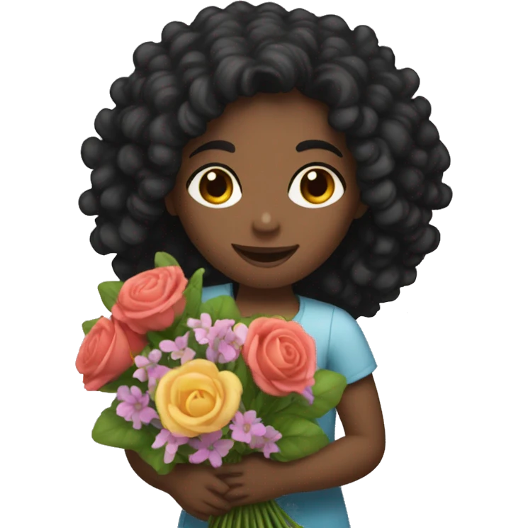 A black curly haired girl holding a bouquet  emoji