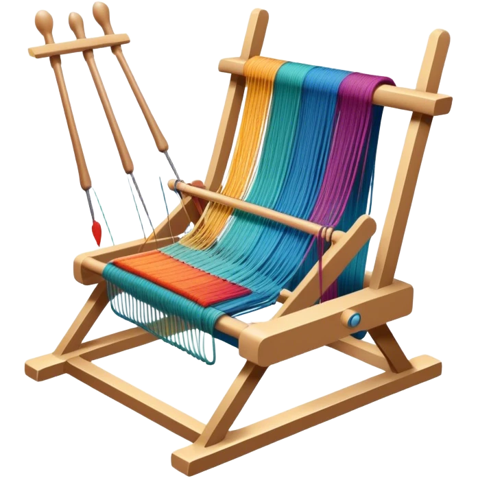 Weaving icon, loom with threads in various colors, visible shuttle, spools of yarn, and weaving tools in progress, fabric being woven, minimalistic style, clean lines, transparent background. emoji