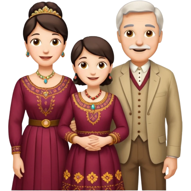 Indiana family with a 70 years old father and mother and a 40 years old daughter. They wear a traditional dress. They are smiling. emoji