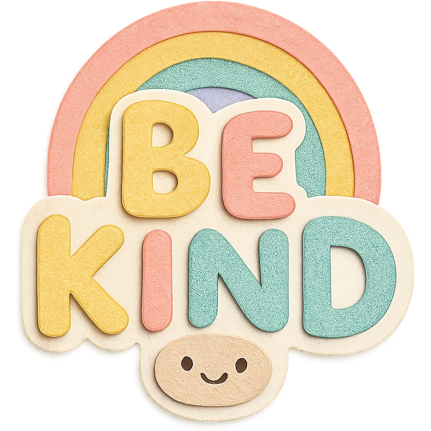 Soft pastel rainbow chubby hand-drawn "Be Kind" lettering, kawaii style, high resolution, no outline, sticker design, transparent background emoji