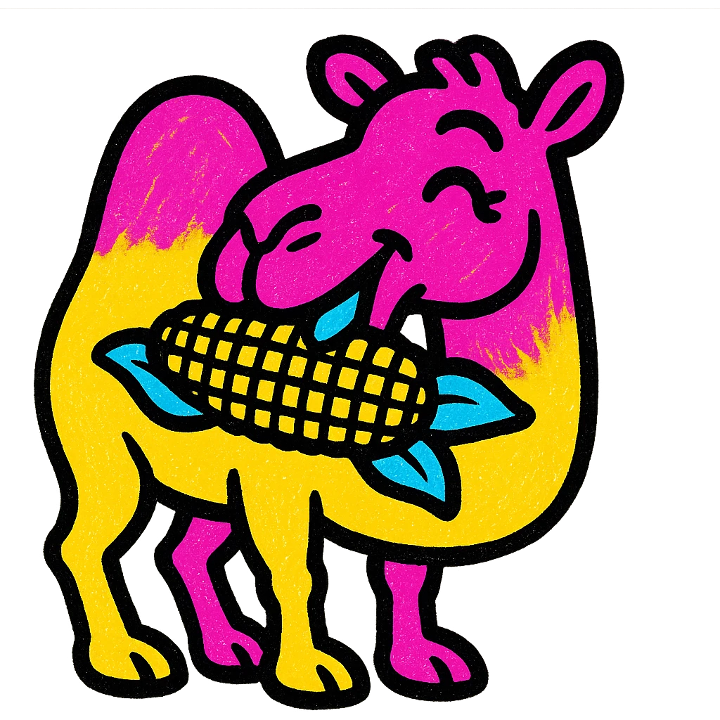 camel eating corn on the cob, vibrant pop colors cartoon style emoji