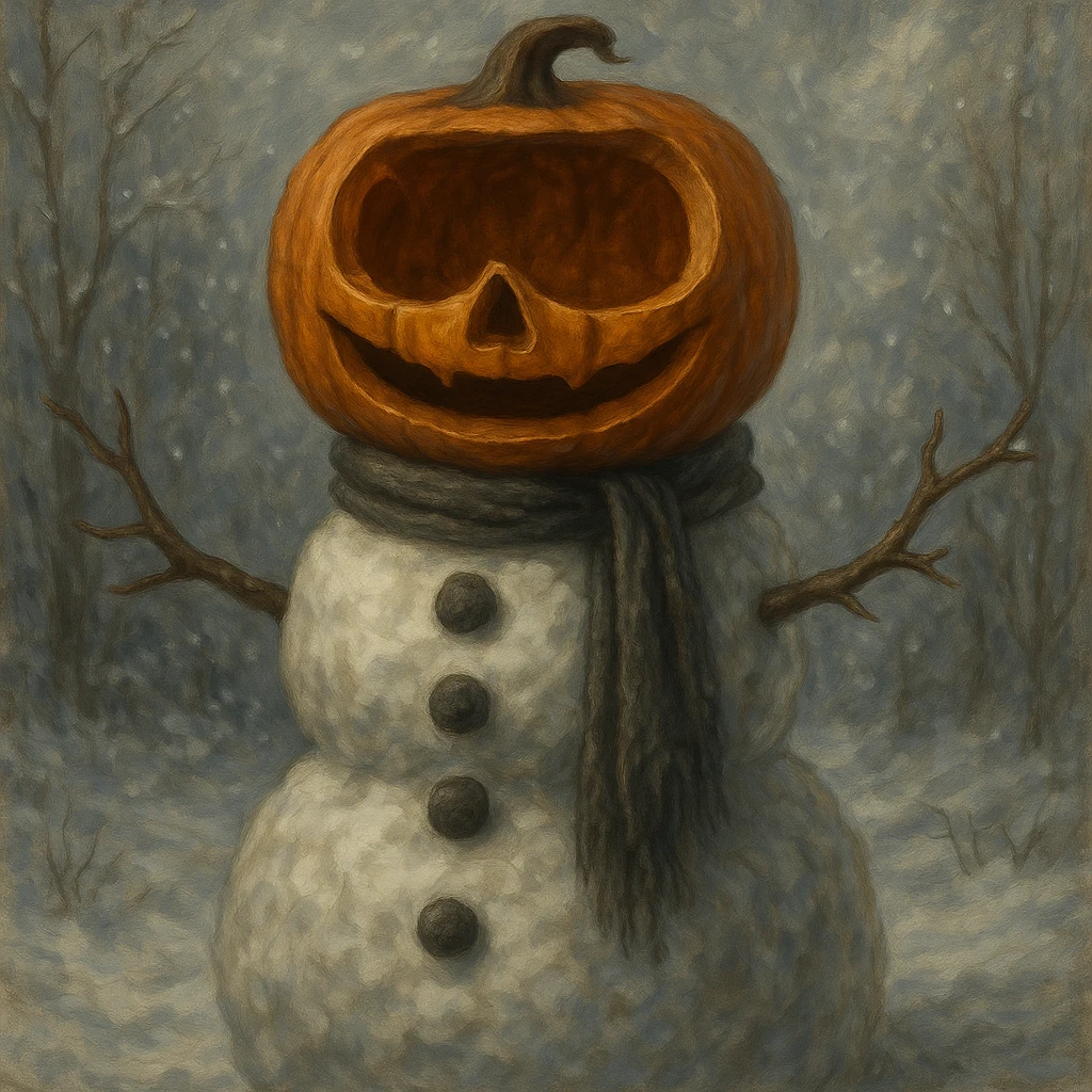 Change the snowman's head to a hollowed-out pumpkin while keeping the body like a classic snowman. Render in a detailed and artistic style. Keep the background as is. emoji