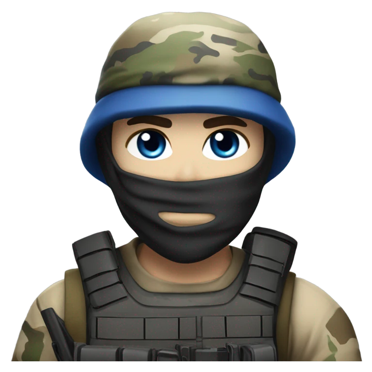 male, pale skin, call of duty face mask, camo tactical gear, combat boots, black beanie, blue eyes emoji