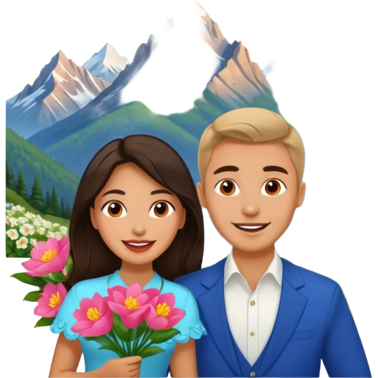 Excited Couple traveling  russian man and elegant  Latina girl delicate flowers and mountains in the background  emoji