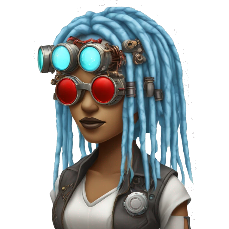 Light blue long dreadlocks female cyborg head with red steampunk goggles and circuits emoji
