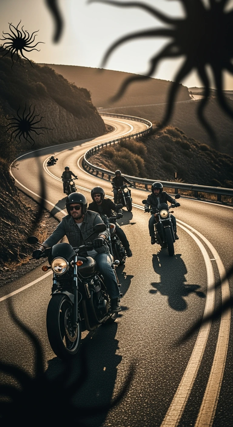 Gruppo di motociclisti su strada, volti impassibili o con espressioni rischiose e prive di paura, mentre affrontano curve pericolose. Atmosfera surreale, con ombre o simboli astratti che rappresentano la toxoplasmosi (come parassiti invisibili nel cervello). emoji