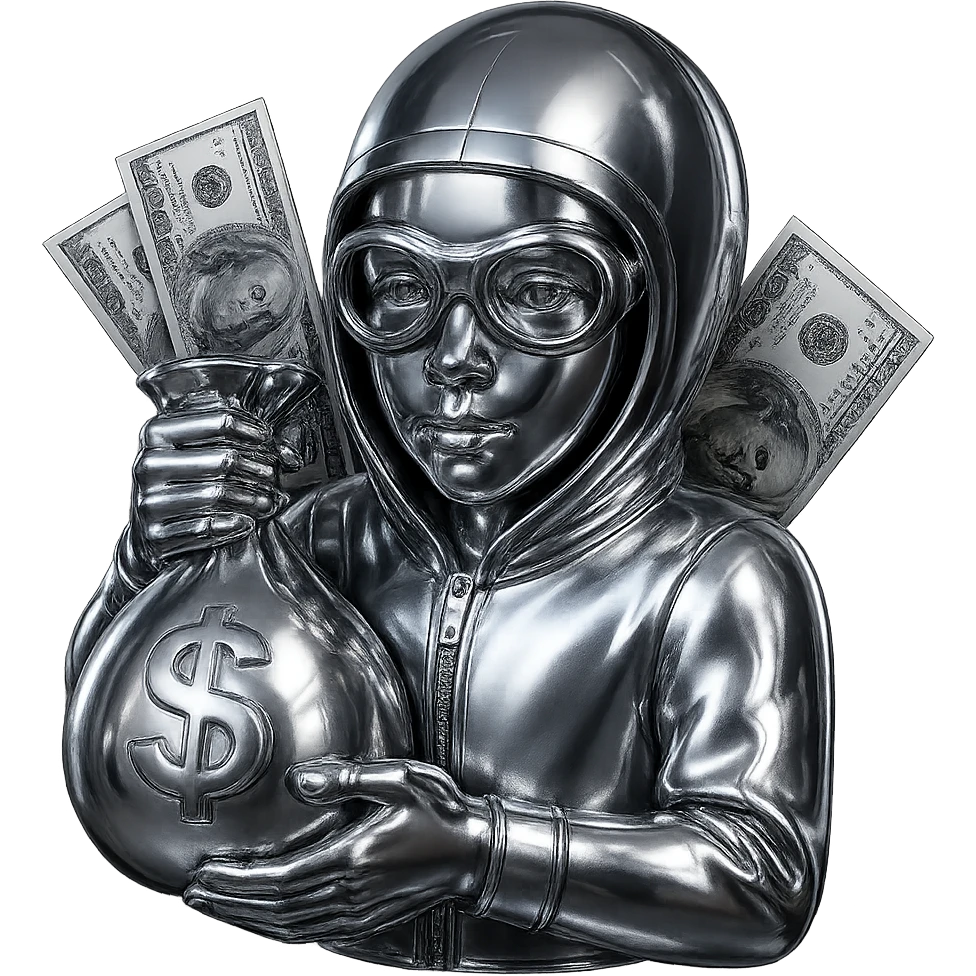 Make the character skinnier and less bulky, with a slimmer build. Remove the question mark from the money bag, leaving only the dollar sign. Make the character look younger, with smoother skin and more youthful facial features. Keep the realistic dollar bills and the chrome suit style. emoji