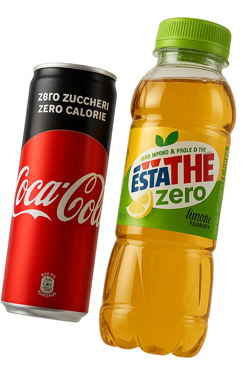 lattina di coca cola zero fluttua accanto a bottiglia di esta-thè zero, iperrealistiche 4k emoji