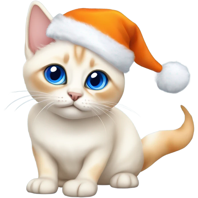 chubby flame point Siamese, white fur with orange accents and blue eyes wearing a Christmas hat ￼ emoji