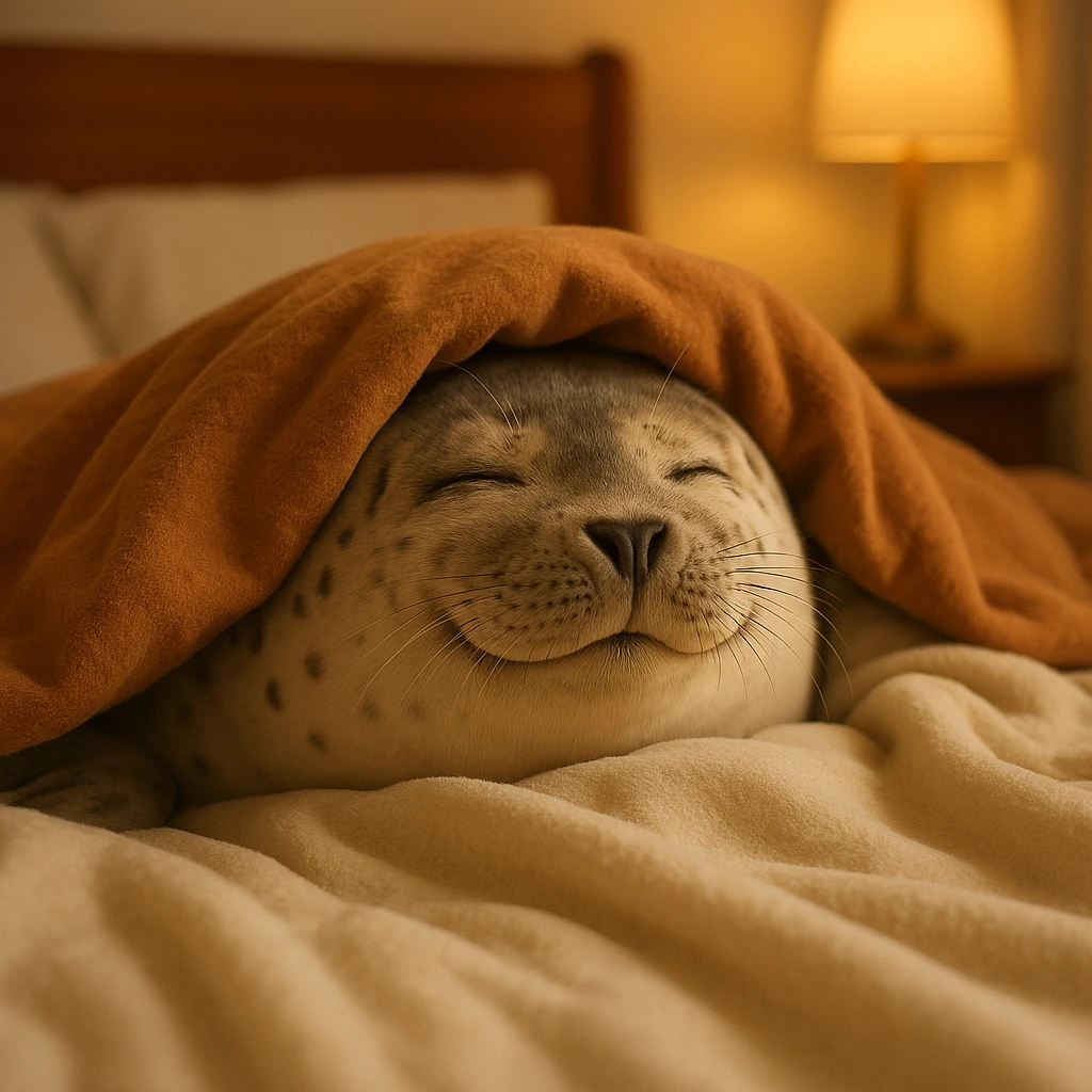 a cozy seal snuggled in bed with soft blankets, warm and peaceful atmosphere emoji