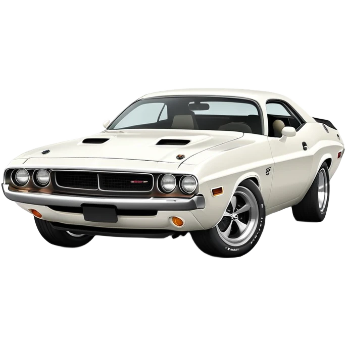 White 1971 Dodge Challenger with sharp details, precise three-quarter view at 30 degrees, accurate muscle car proportions, visible front bumper and fender, pure white finish, iOS emoji style emoji