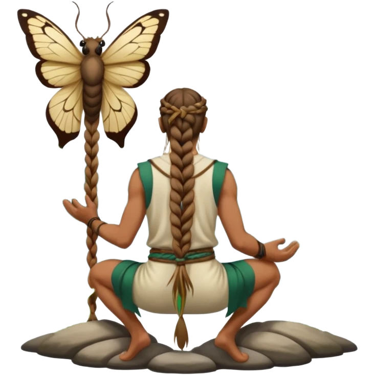 full body druid man, tan skin, long braid, from behind kneeling at lake edge, moths behind shoulders emoji