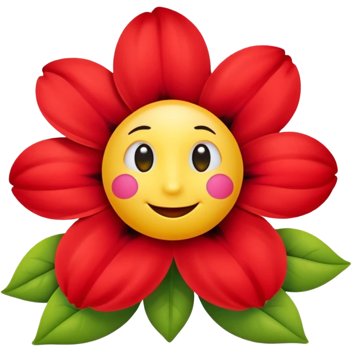 A flower with round yellow face with soft gradients, large glossy black cartoon eyes, and a simple curved smile. Surrounding bright red inflated petals with smooth shading and soft reflections. emoji
