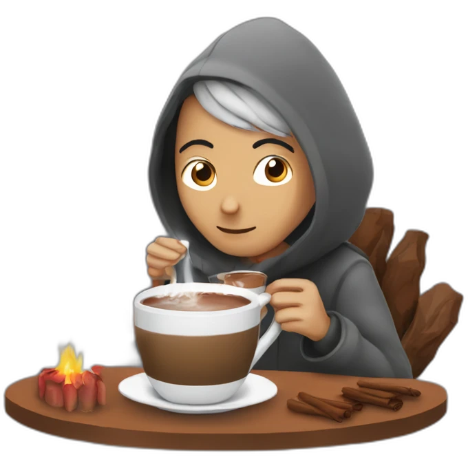 Zemmour drinking hot chocolate around a fire emoji