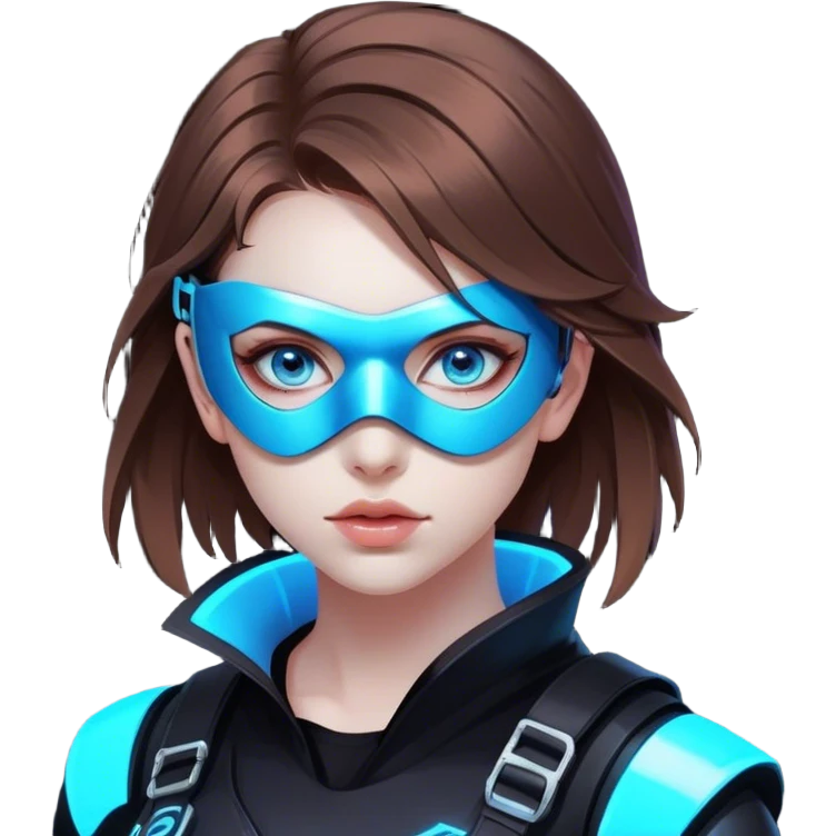 neon cyberpunk style 
girl with brown hair and blue eyes wearing a mask emoji