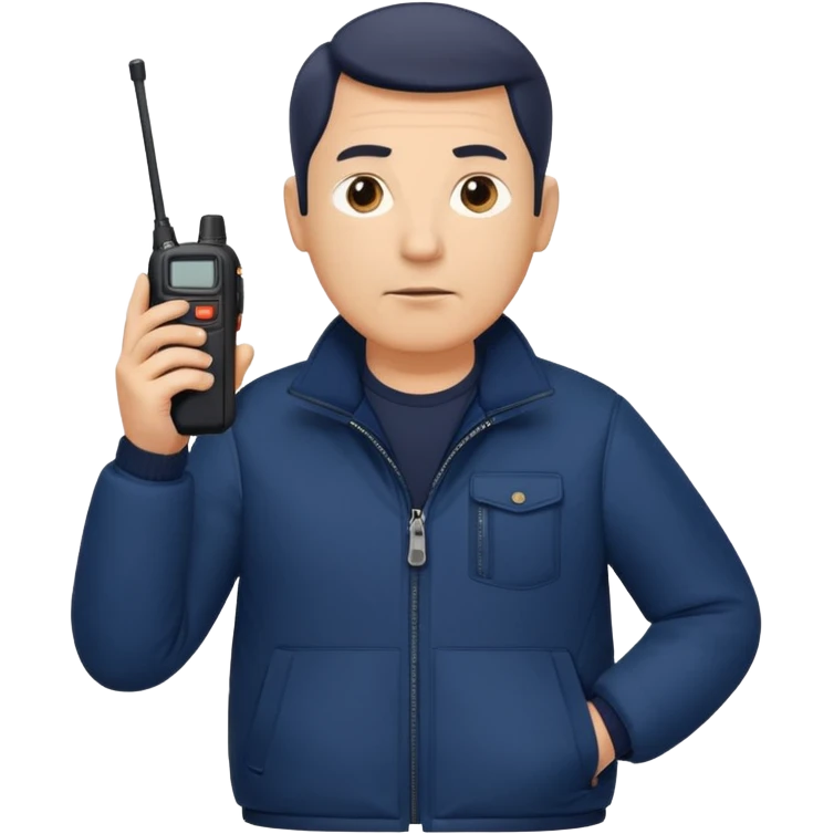 Security, Middle-aged, wearing navy blue jacket, serious facial expression, holding holding walkie-talkie, full body emoji