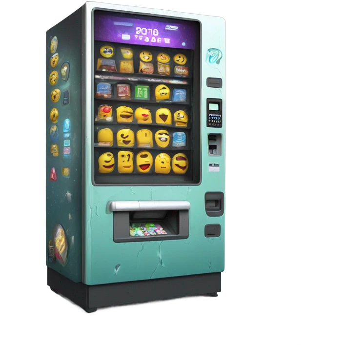 sci-fi concept vending machine, damaged, sentient emoji