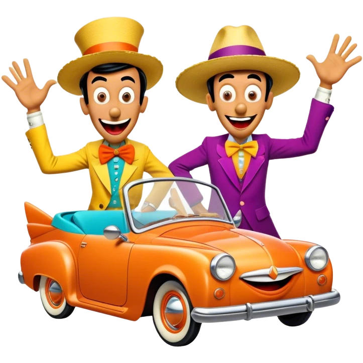 A vintage movie poster-style design with two goofy characters in outrageous outfits, showing exaggerated, silly expressions. Include elements like a goofy car, ridiculous props, and comical facial expressions. Retro comedic style with vibrant colors. Transparent background. emoji