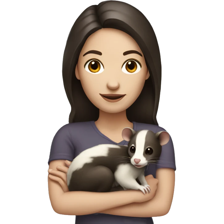 White woman dark brown hair holding opossum emoji