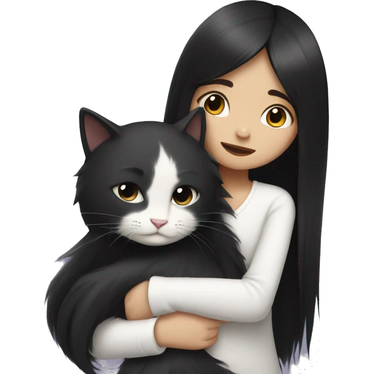 girl with very long black hair and  hugging a white cat emoji