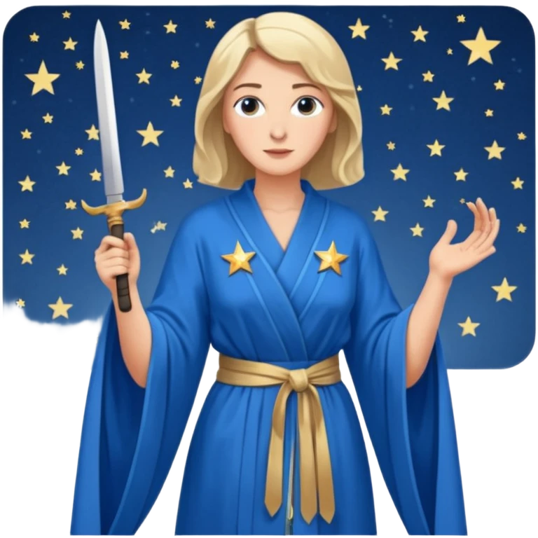 An upright Europe (a tall woman), wearing a blue, flowing robe with stars on the hem, and behind her stands Chancellor Merz, holding a knife toward her back 
you forgot chanccellor merz behind her emoji