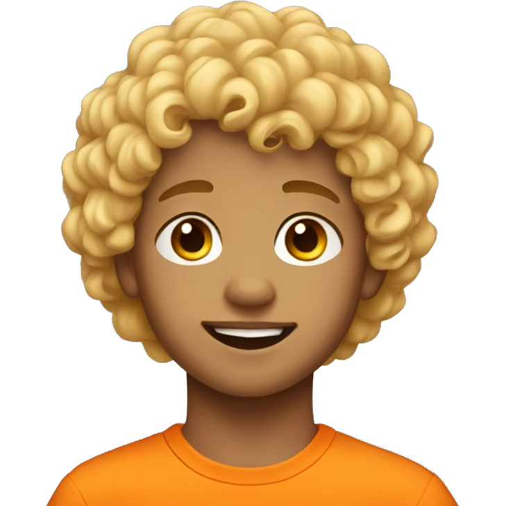 Young boy with blonde curly hair wearing orange emoji