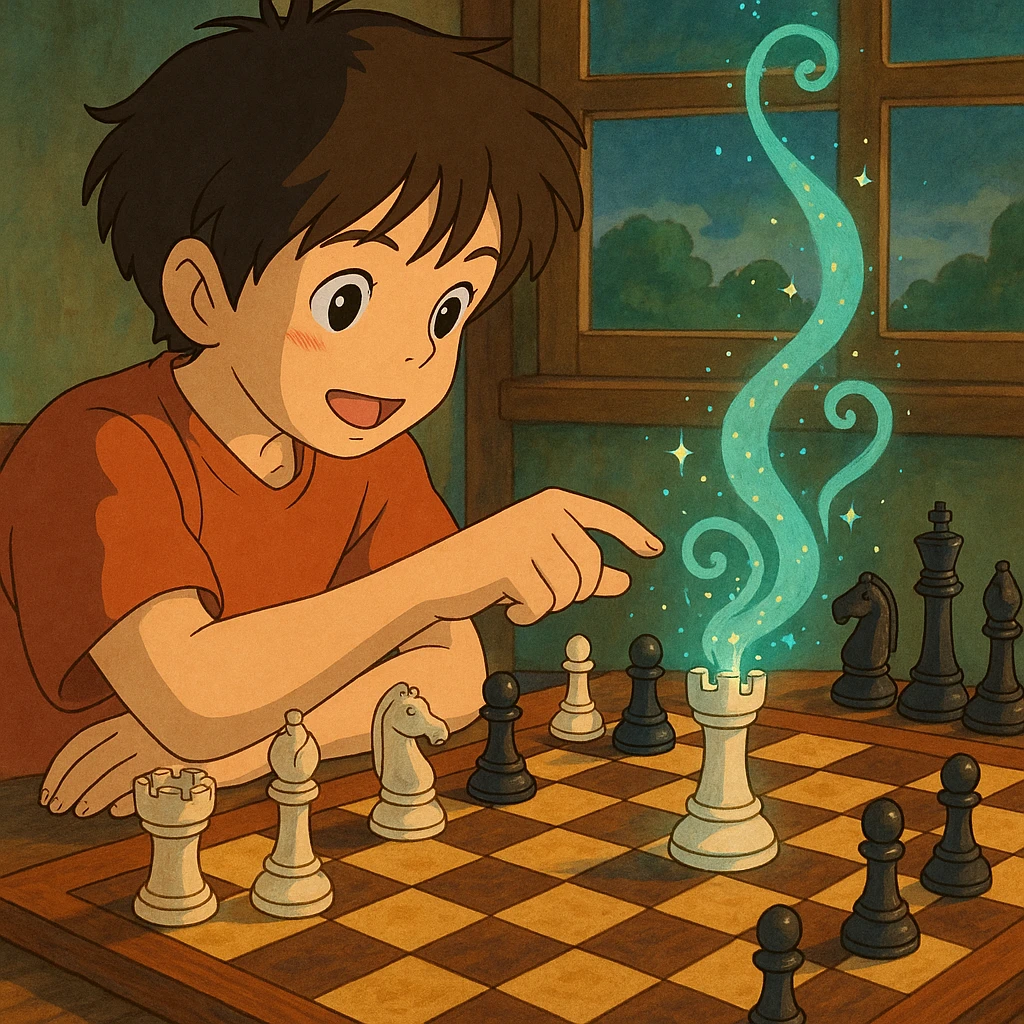 ghibli style chess scene with a magical twist emoji