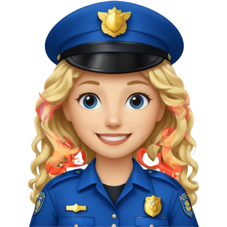 Female POLICE IN blue, long blonde curly hair, happy smile emoji