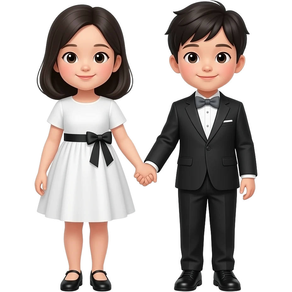 한국인 남매(7세 누나와 3세 남동생)가 손잡고 정면을 바라보고있어. 둘다 상꺼풀이 없고, 누나는 하얀 원피스에 검정리본이 장식되어 있는 원피스를 입고 검정구두를 신고있어. 머리는 검정색 가슴기장으로 묶지 않고 있어. 오른쪽 남동생은 검정 정장을 입고 회색 나비넥타이를 매고 있고 검정 구두를 신고 있어. emoji