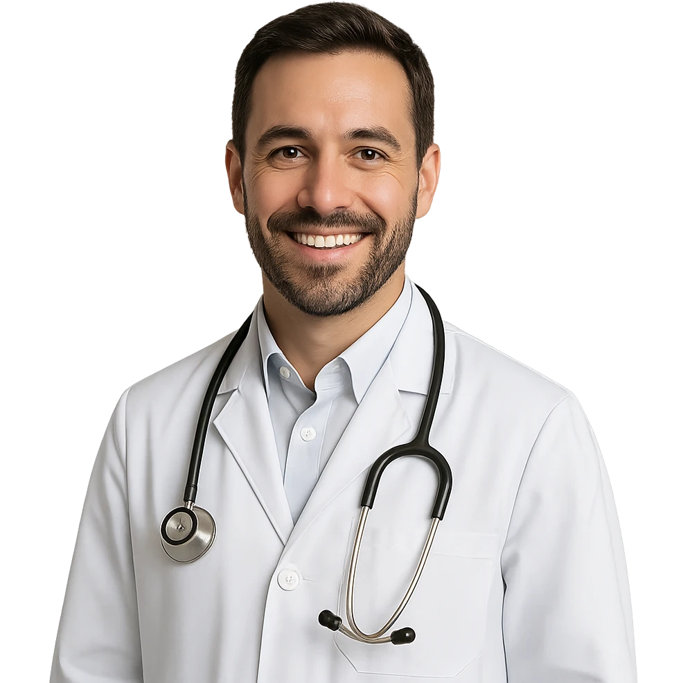 doctor, medical professional, stethoscope, friendly expression, white coat emoji