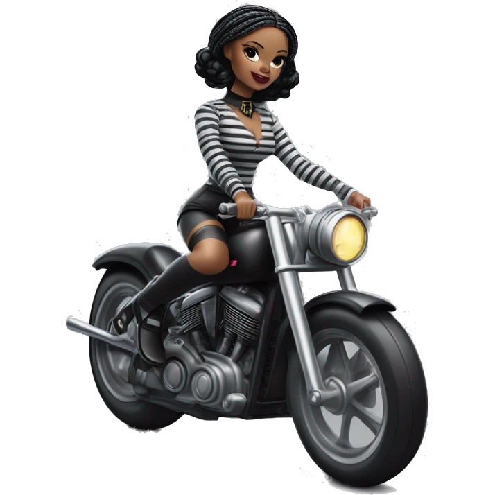 Jeffery New York Lingerie Barbie Wednesday Addams from academy in vertically striped gray and black outfit. riding a wheelie on a hot rod bike emoji