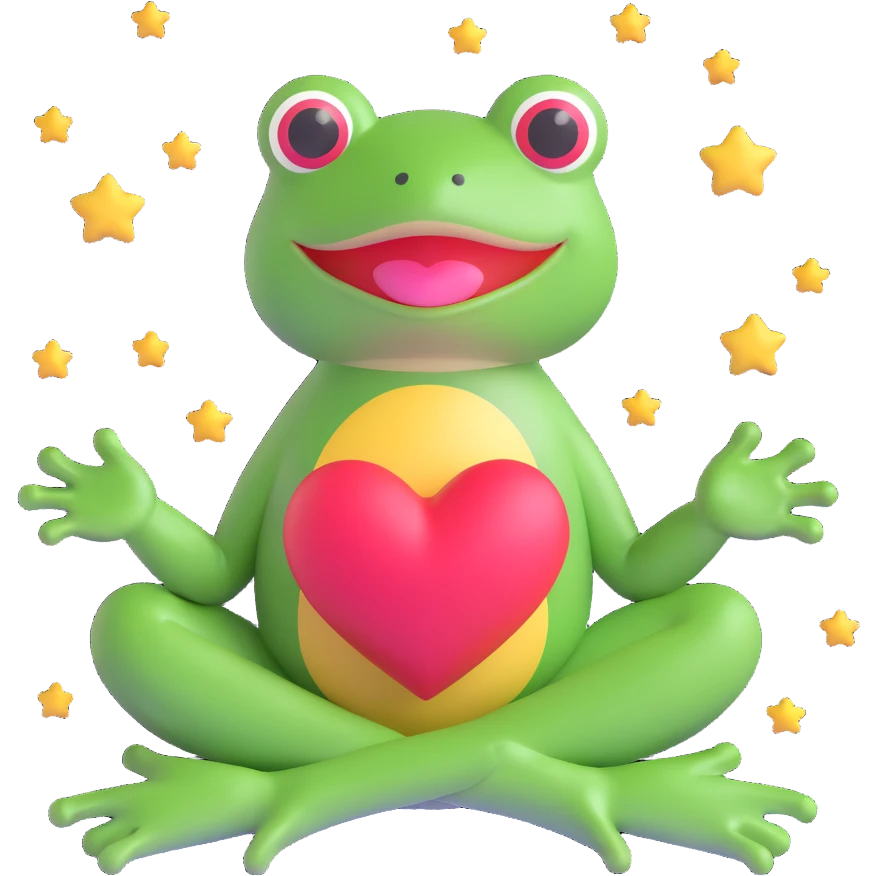 A 3D emoji of a frog sitting cross-legged on a pink mat with a heart floating above it, surrounded by small stars, in the style of iOS 18 emojis. emoji