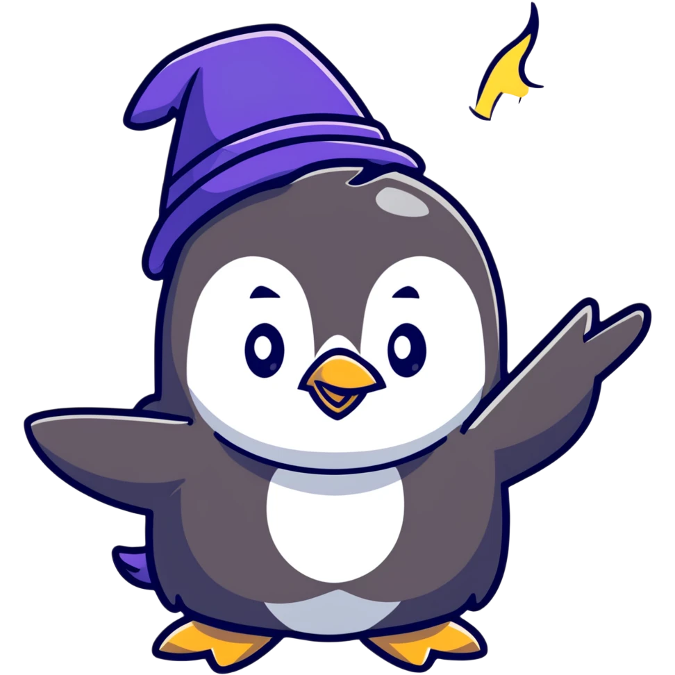 Cute penguin wizard casting spell with sparkling magic emoji
