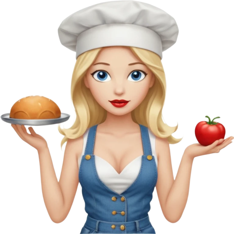Beautiful, sexy,  long blonde hair, blue eyed, full red lips plunging v neck shirt, denim shorts, chef hat  emoji