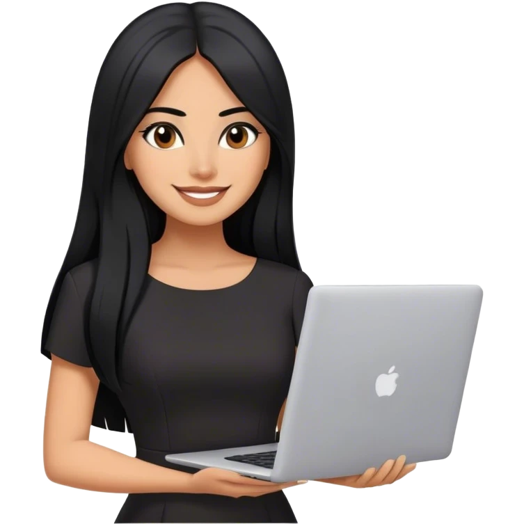 beautiful woman boss, with long straight black hair, with make up, black eye liner, smile, mexican, brown skin, with laptop, wearing litlle black dress, she stand up emoji