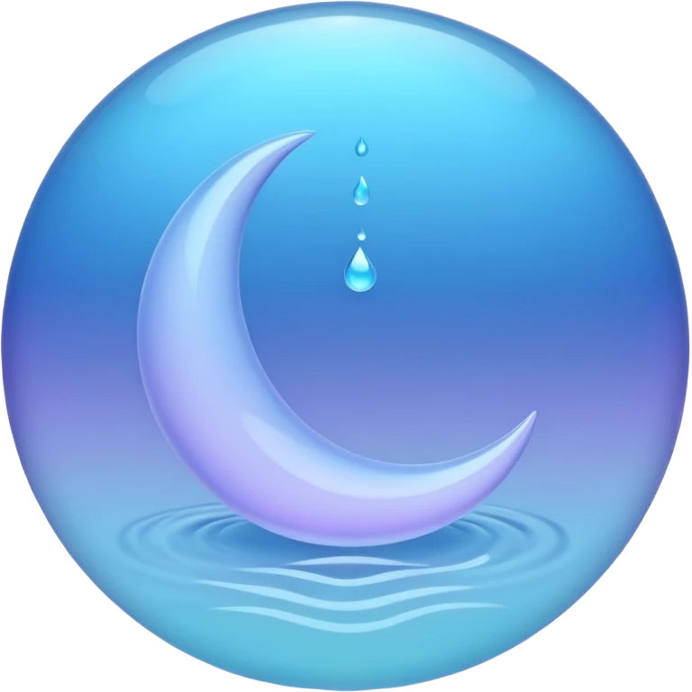 Minimalist pastel emoji of a crescent moon resting inside a glowing blue water droplet with soft ripples and a lavender-mint glow aura, smooth gradients, gentle lighting, ASMR aesthetic. emoji