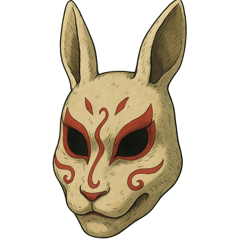 ghibli style evil white rabbit mask with red accents, intricate details emoji
