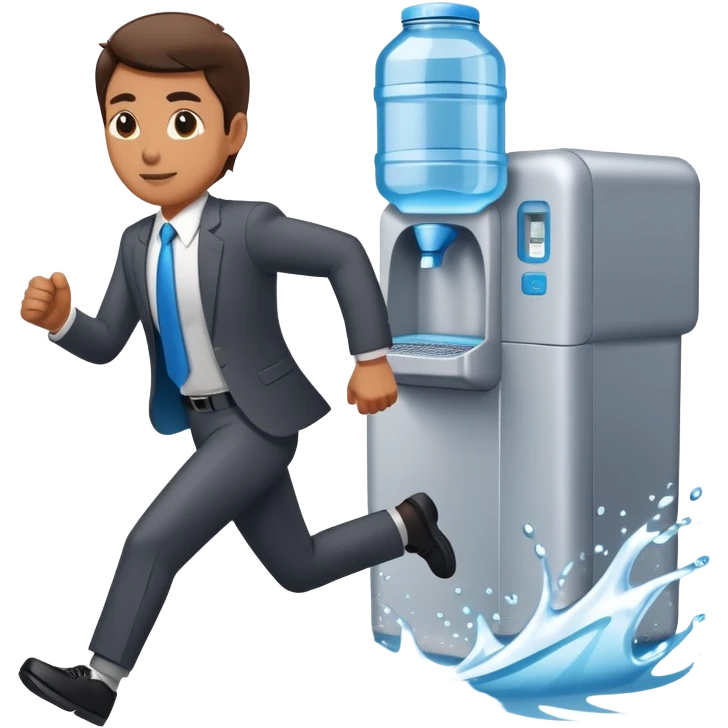 Company director running a marathon in a business suit next to a water cooler emoji