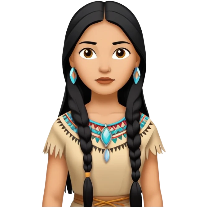 Pocahontas from hips up, Native American dress, long black hair, minimal style, larger size emoji