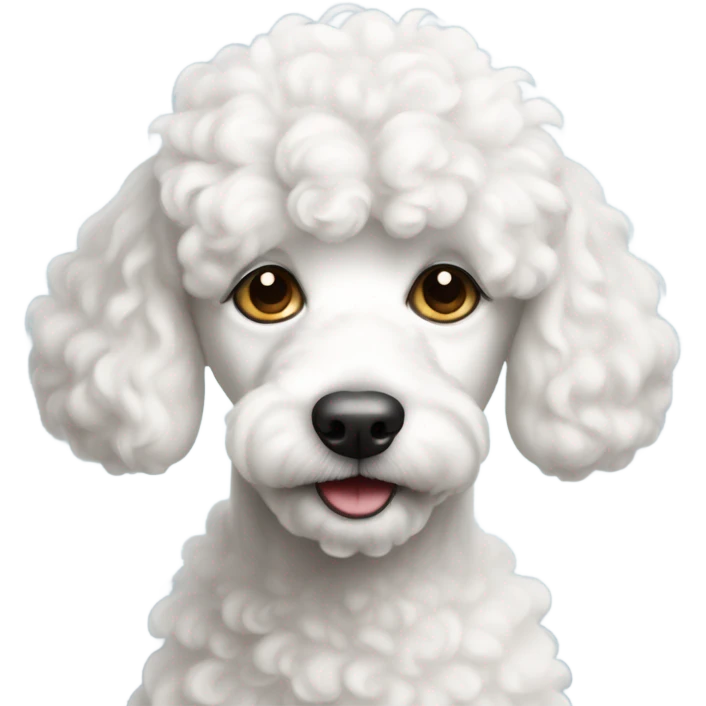 a white poodle puppy with a lazy look on one's face emoji