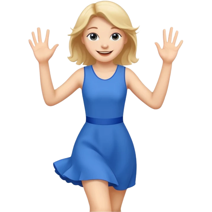 A girl in a blue dress runs and waves hello emoji