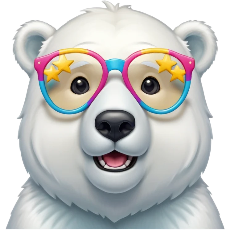 head and shoulders of a friendly anthropomorphised polar bear wearing oversized colorful star glasses, excited expression emoji