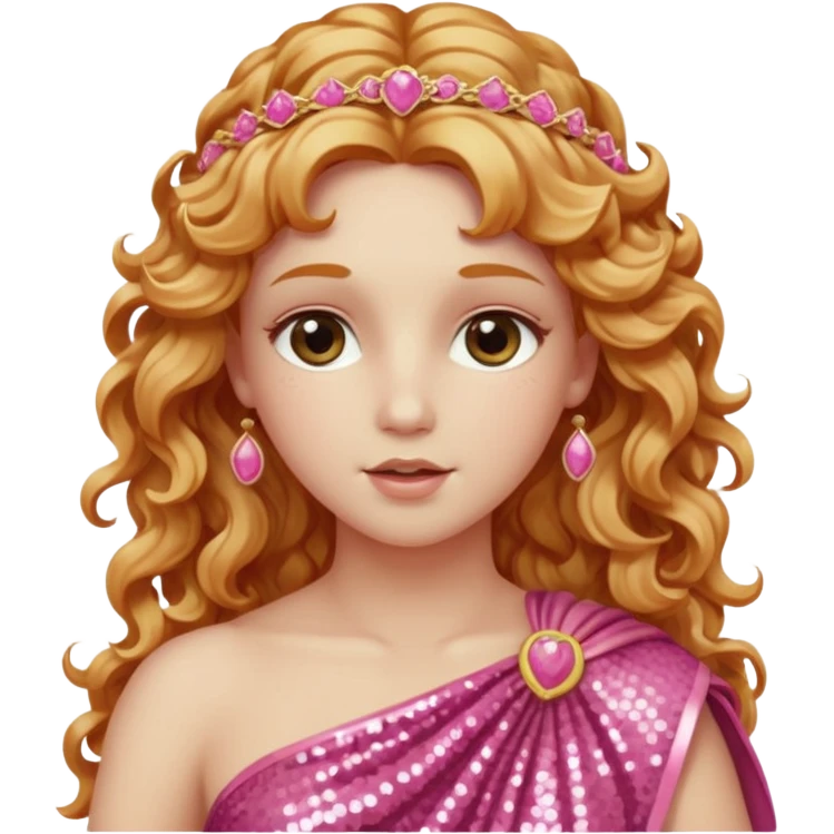 Venus, Goddess of Love from Roman Deities with long strawberry blonde wavy hair, pink sequin toga emoji