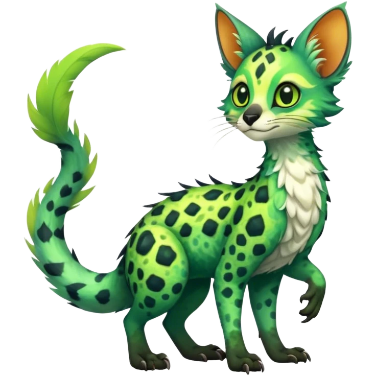 Feral Rare Fantasy vibrant colorful tropical Vernid-Trico-species by LiLaiRa, random markings, tufted tail, tufted ears, full body emoji