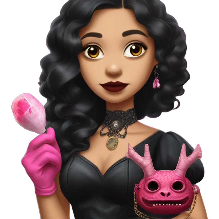 provocatively flirty Lavish black evening gown with see-through gloves, Jenna Ortega as Addams woman prom queen wearing a steampunk mini tiara, very large blood  pink evil-looking horned old dragon purse emoji
