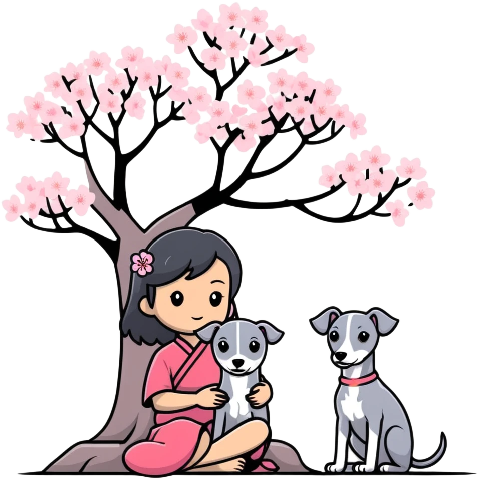 A young Chinese girl with long black hair and a pure grey Italian Greyhound with no white markings sitting under a cherry blossom tree emoji