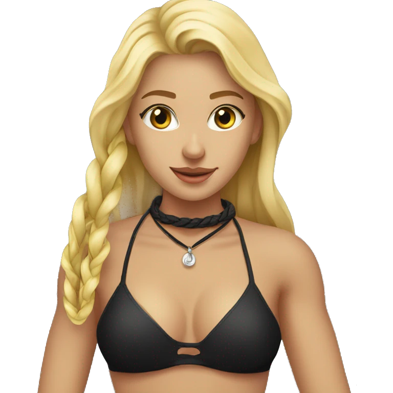 Blonde girl in black bikini. Wristband. Necklace. Rope emoji