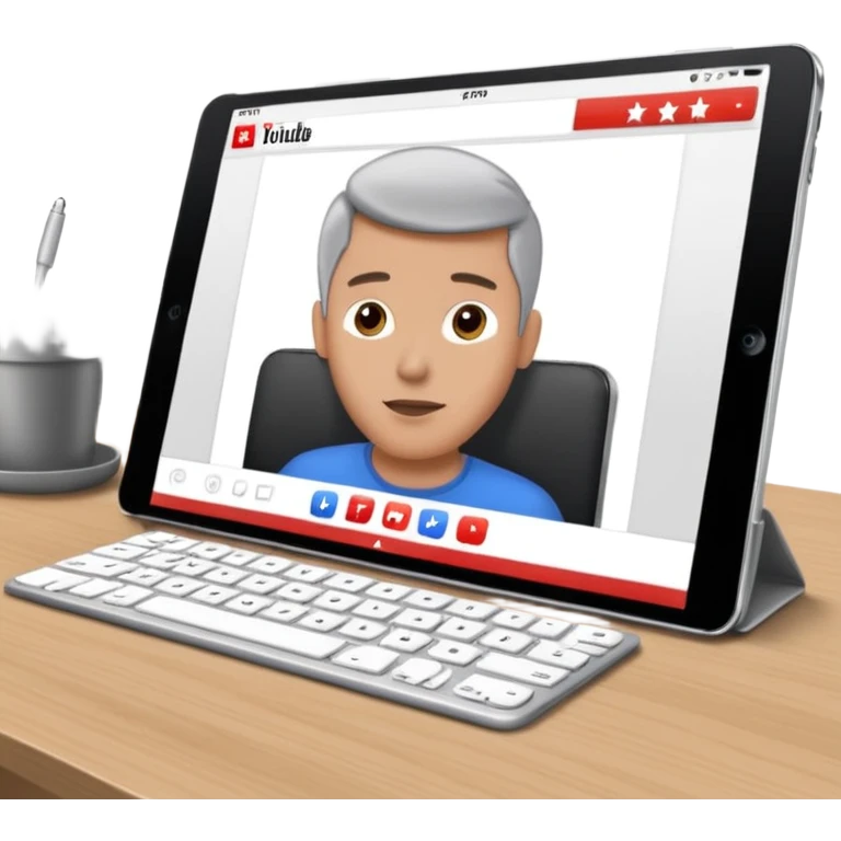 An iPad lying on a desk. On the iPad screen, a YouTube video is playing. The video shows a man talking to camera. The YouTube interface is visible with play bar and title. emoji